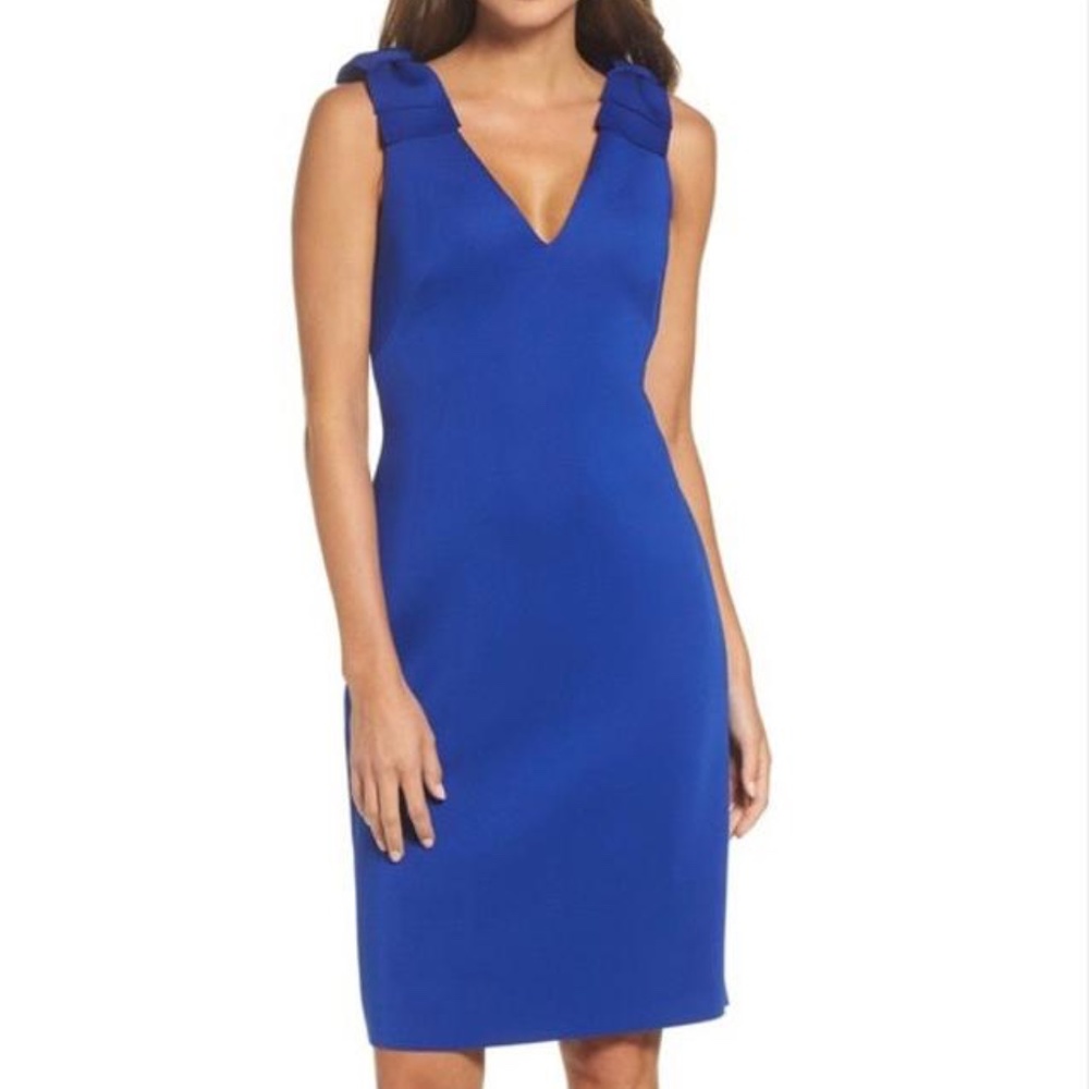 Eliza J Women's Royal Blue V-Neck Sleeveless Bow Sheath Dress Size 12